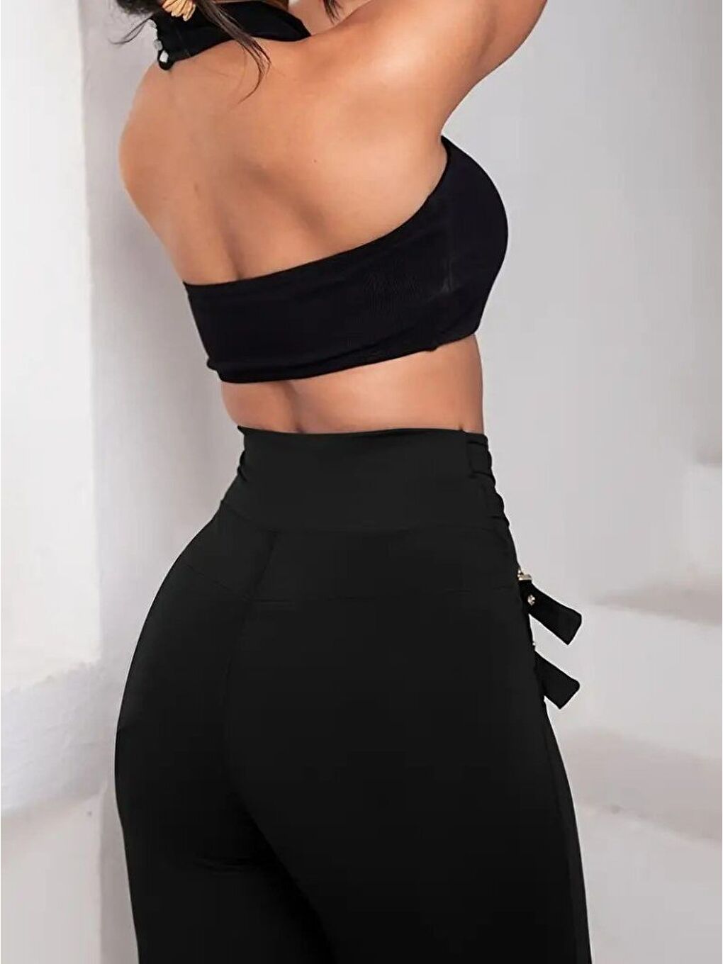 Siyah Kadın Yüksek Bel önden çapraz Kuş Göz Detaylı Dalgıç Tayt-3