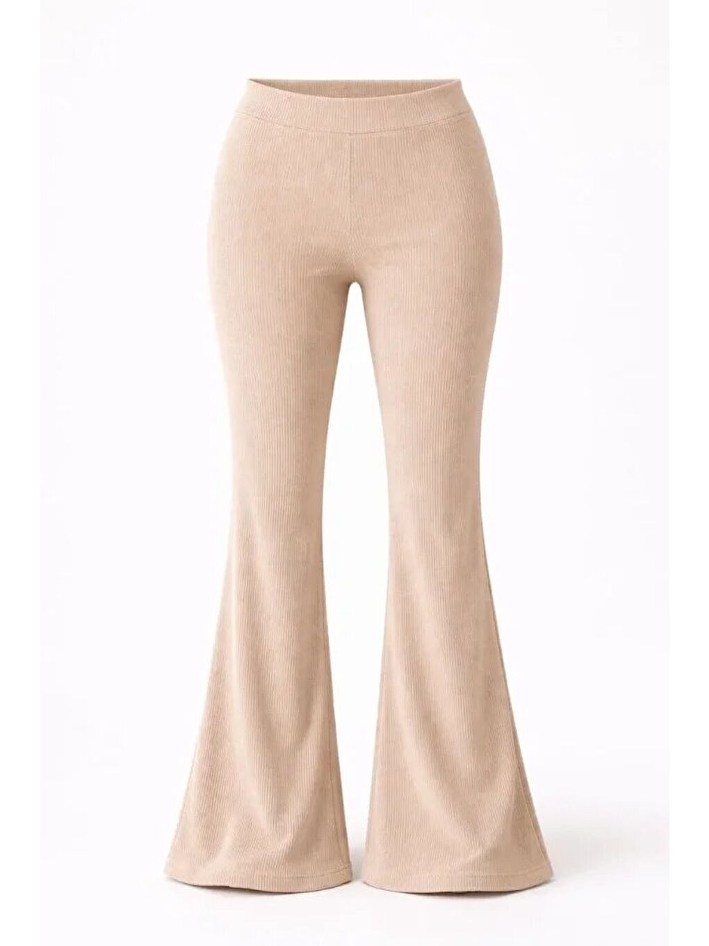Fitilli Kaşkorse İspanyol Paça Tayt Yüksek Bel Esnek Günlük Rahat Pantolon - Bej-1