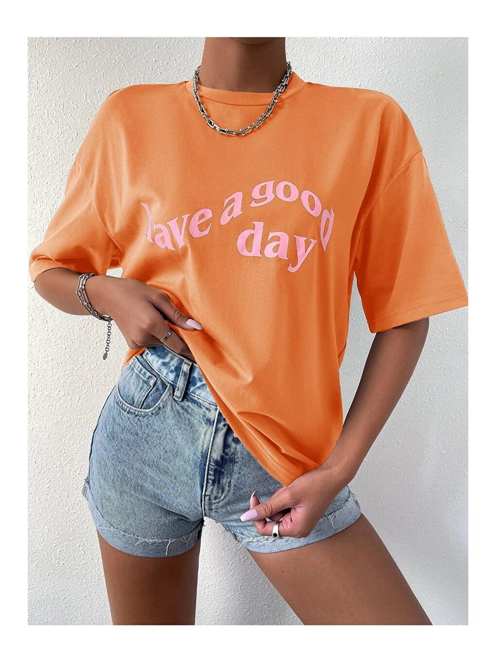 Trendseninle Turuncu Kadın Turuncu Have A Good Day Baskılı Oversize Tişört