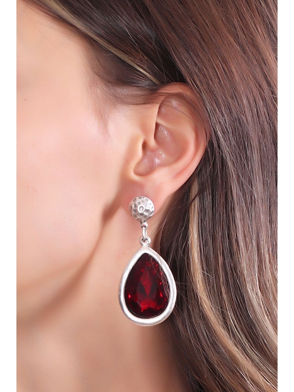 Kırmızı Kadın Antik Gümüş Kaplama Taşlı Damla Küpe-3