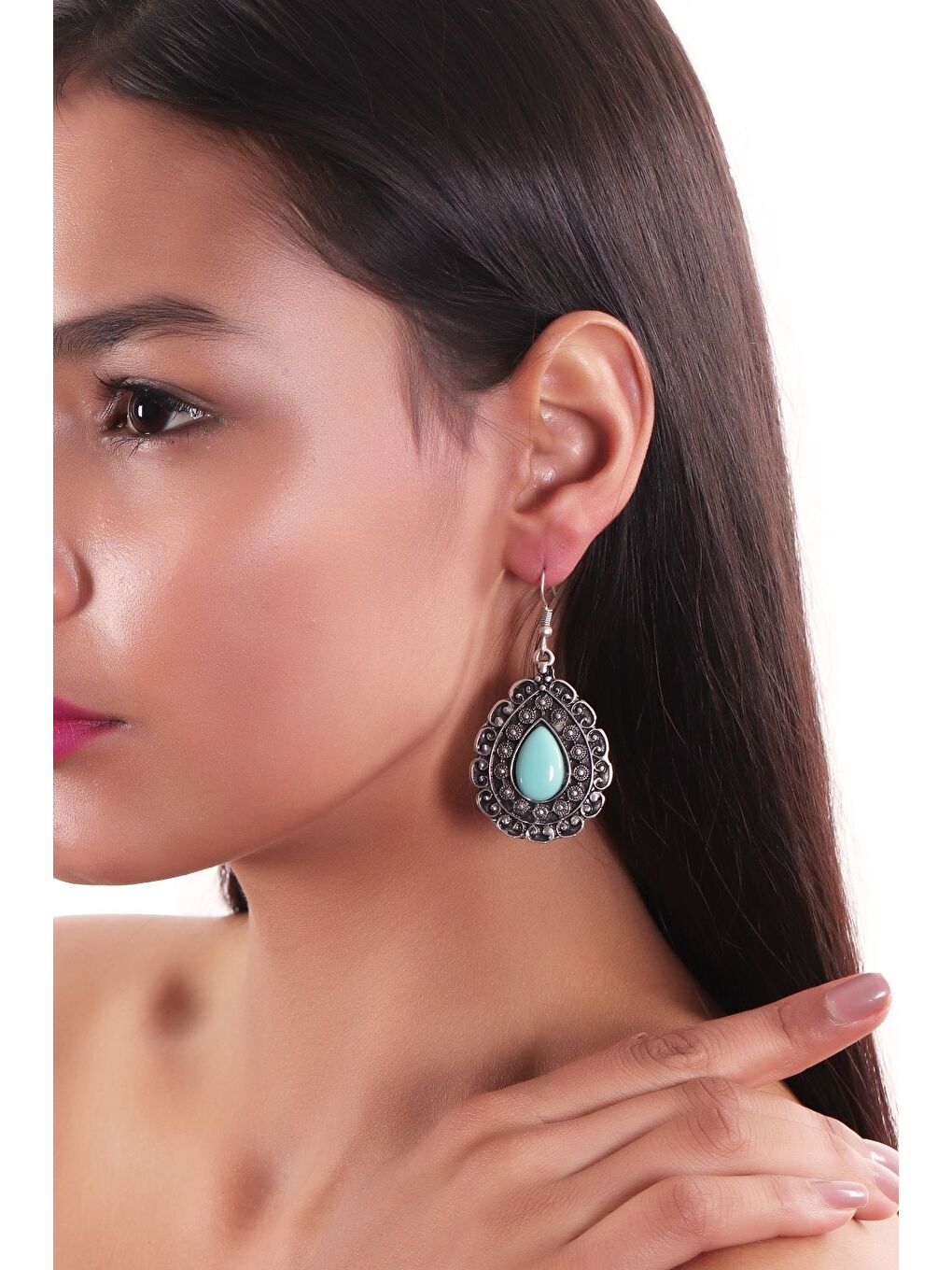 Gri Kadın Antik Gümüş Kaplama Turkuaz Boncuklu Sallantılı Model Küpe-2