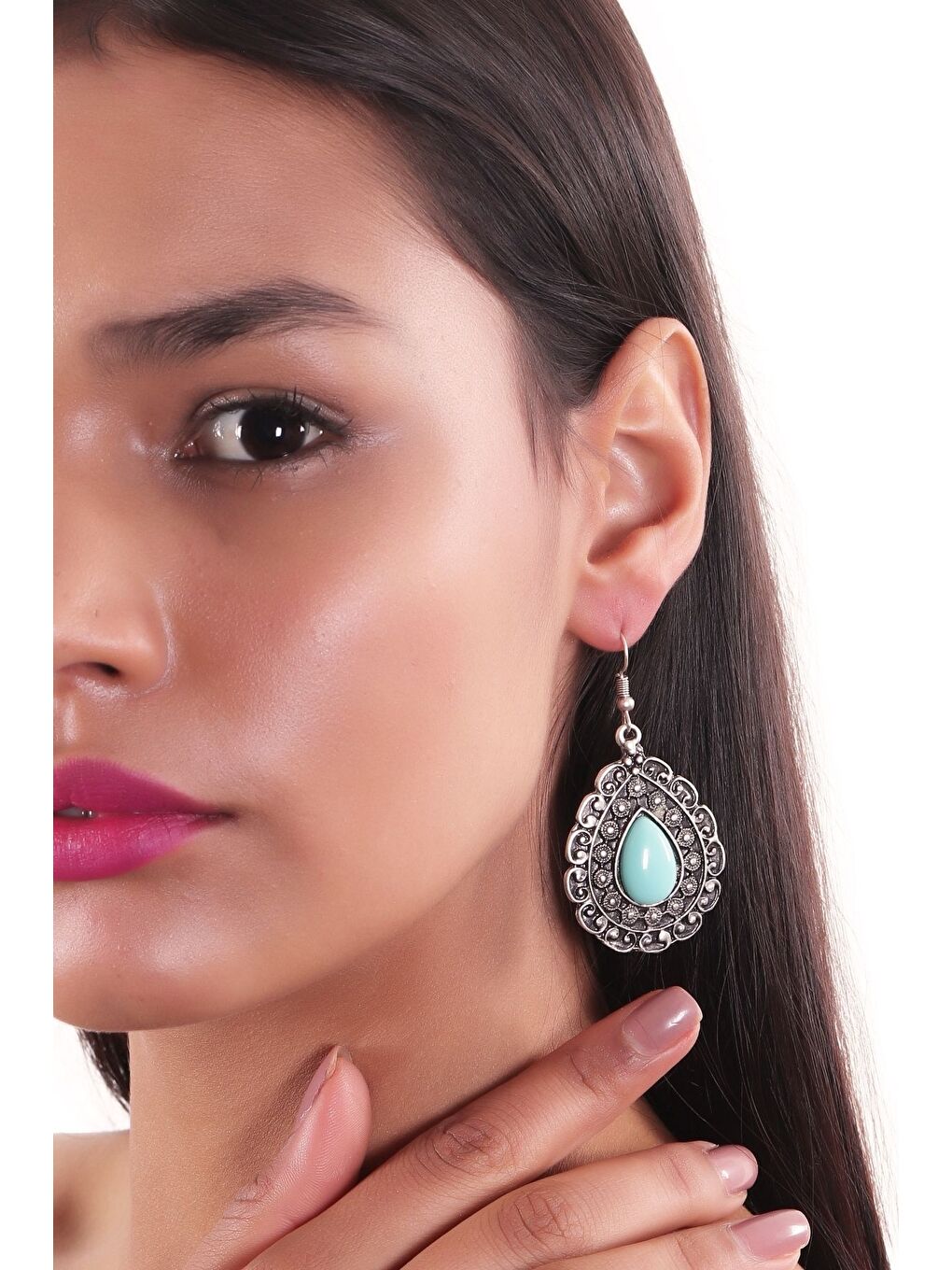 Gri Kadın Antik Gümüş Kaplama Turkuaz Boncuklu Sallantılı Model Küpe-3