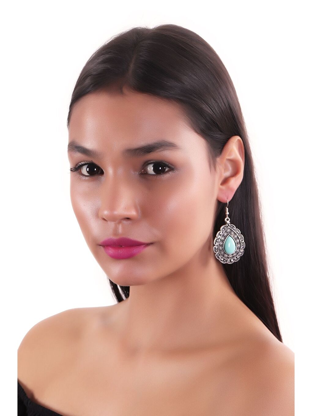 Gri Kadın Antik Gümüş Kaplama Turkuaz Boncuklu Sallantılı Model Küpe-4