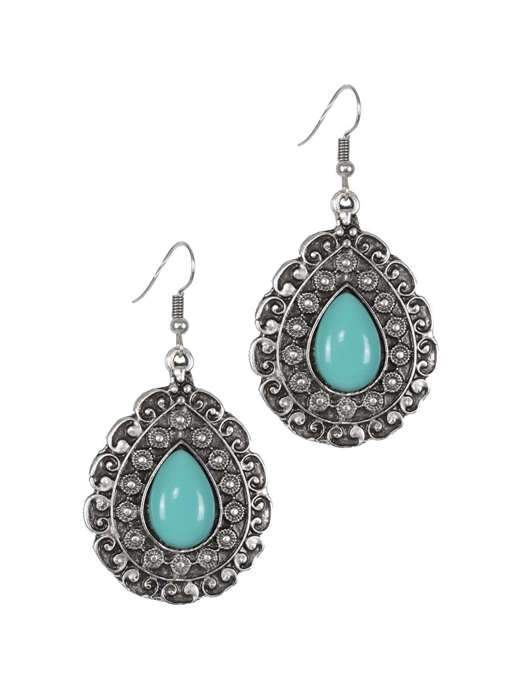 Gri Kadın Antik Gümüş Kaplama Turkuaz Boncuklu Sallantılı Model Küpe