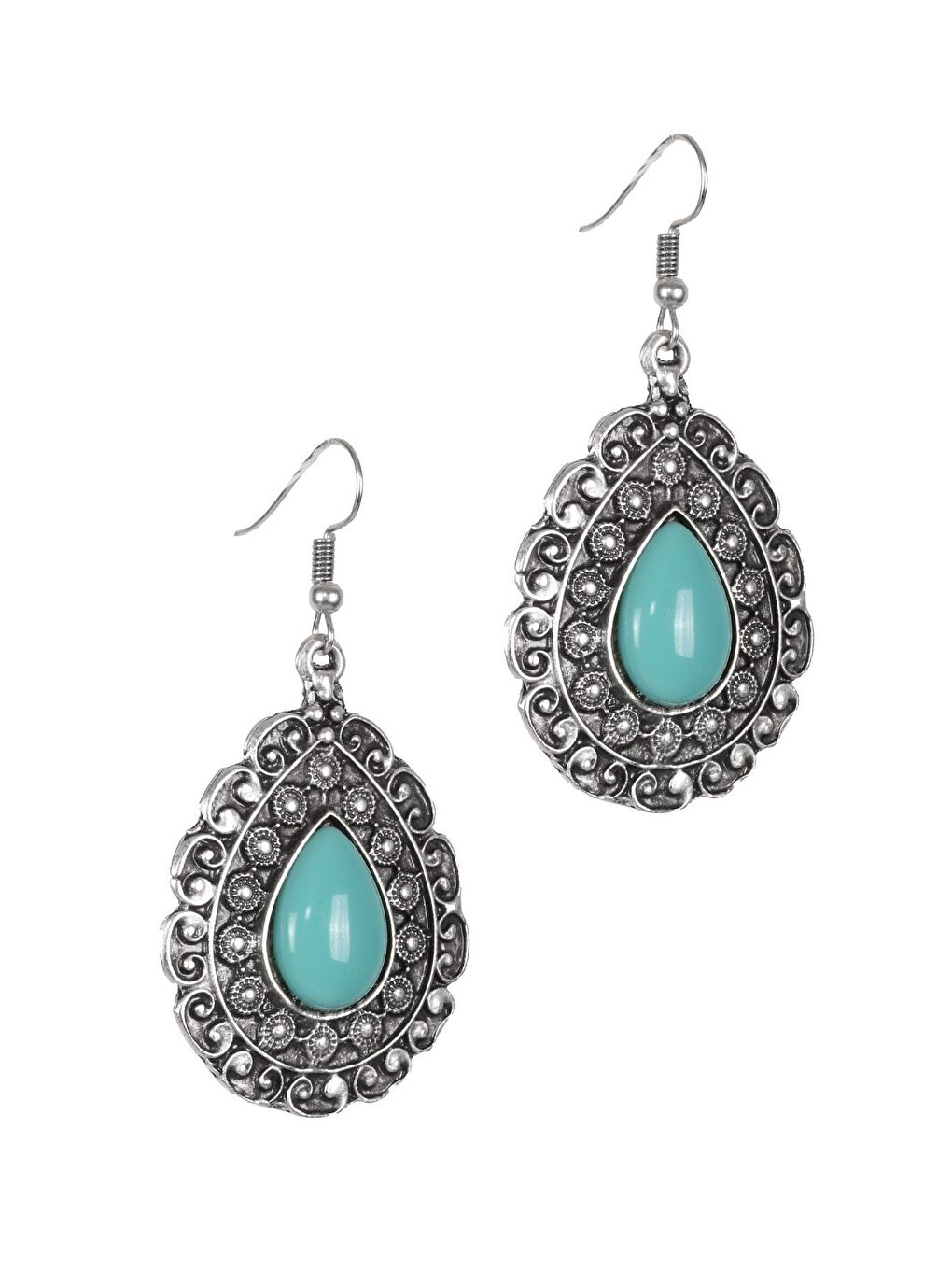 Gri Kadın Antik Gümüş Kaplama Turkuaz Boncuklu Sallantılı Model Küpe-1