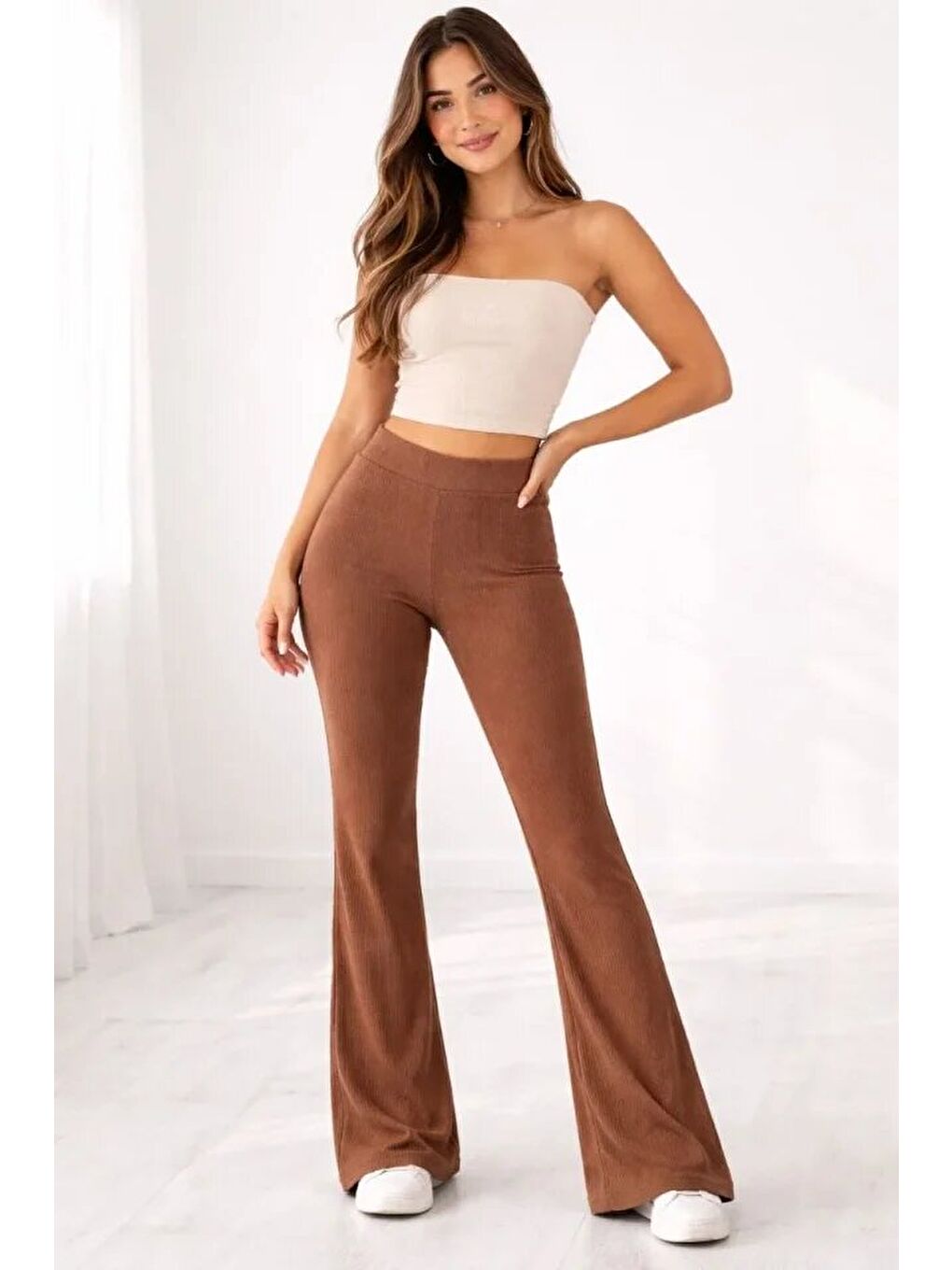 Fitilli Kaşkorse İspanyol Paça Tayt Yüksek Bel Esnek Günlük Rahat Pantolon - Kahverengi-1