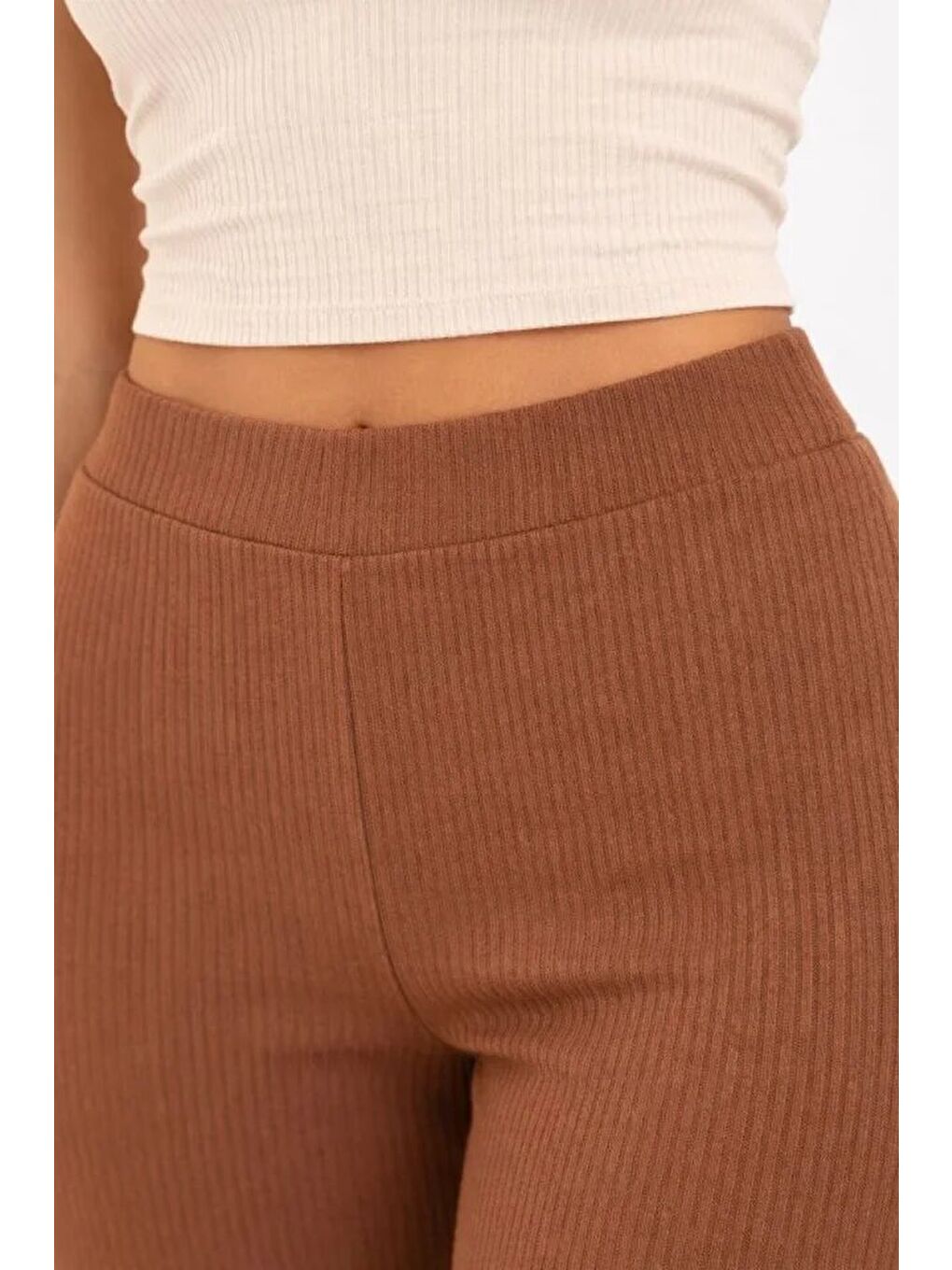 Fitilli Kaşkorse İspanyol Paça Tayt Yüksek Bel Esnek Günlük Rahat Pantolon - Kahverengi-2