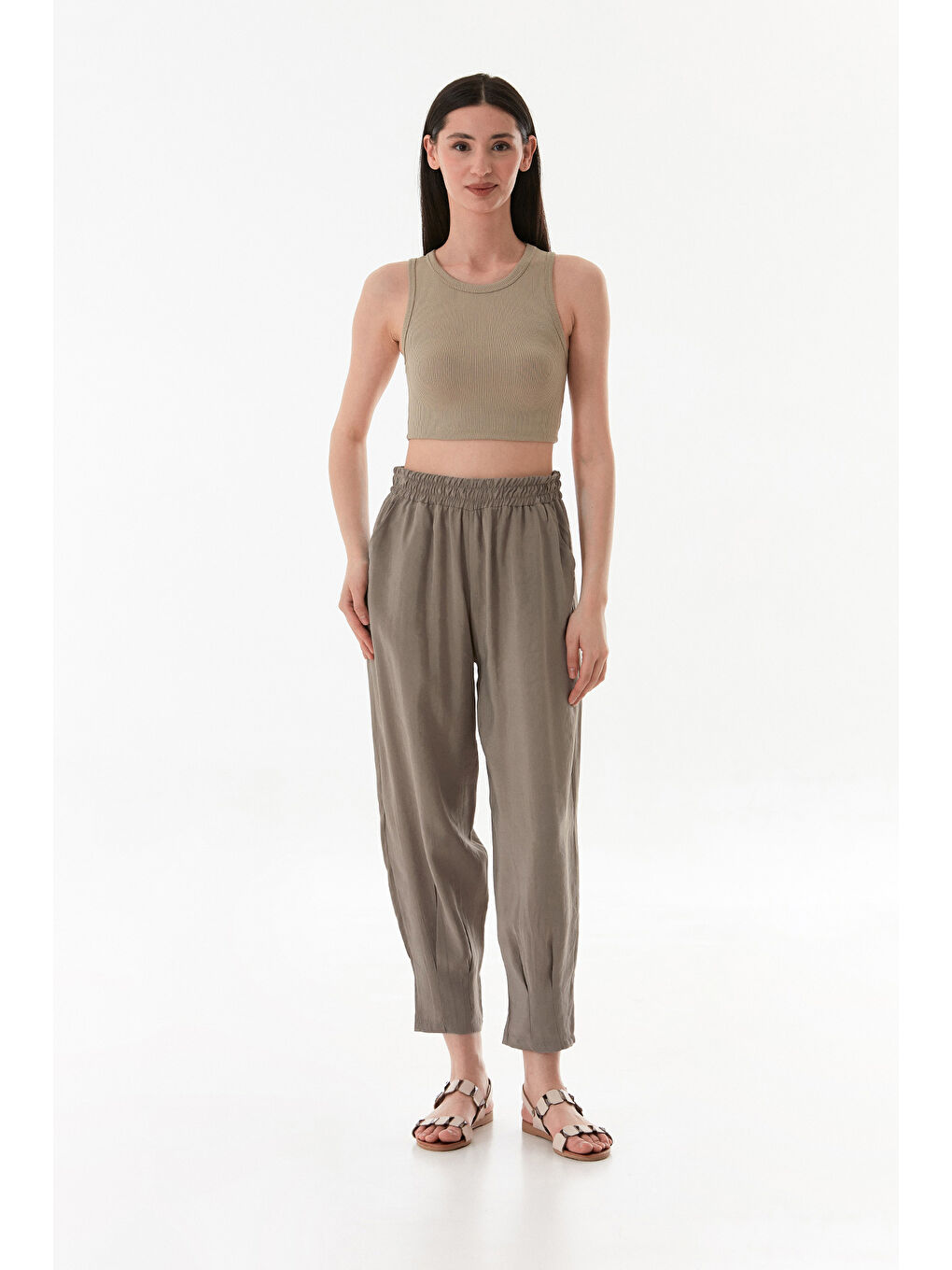 Bej Beli Lastikli Cepli Şalvar Pantolon-1