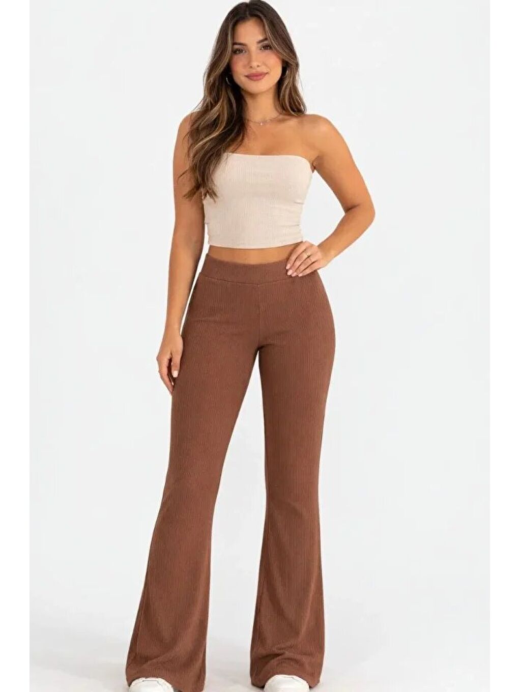 Fitilli Kaşkorse İspanyol Paça Tayt Yüksek Bel Esnek Günlük Rahat Pantolon - Kahverengi-3