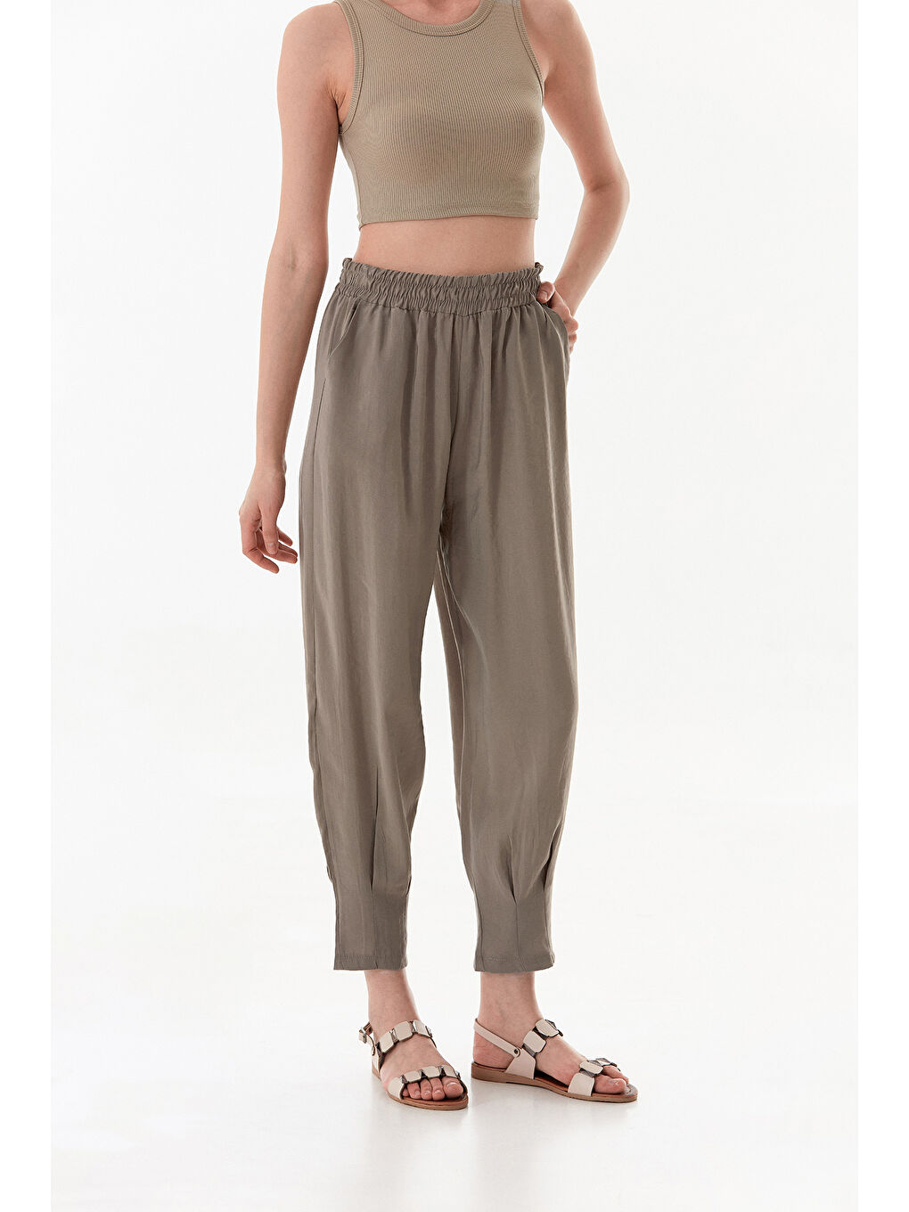 Bej Beli Lastikli Cepli Şalvar Pantolon-2