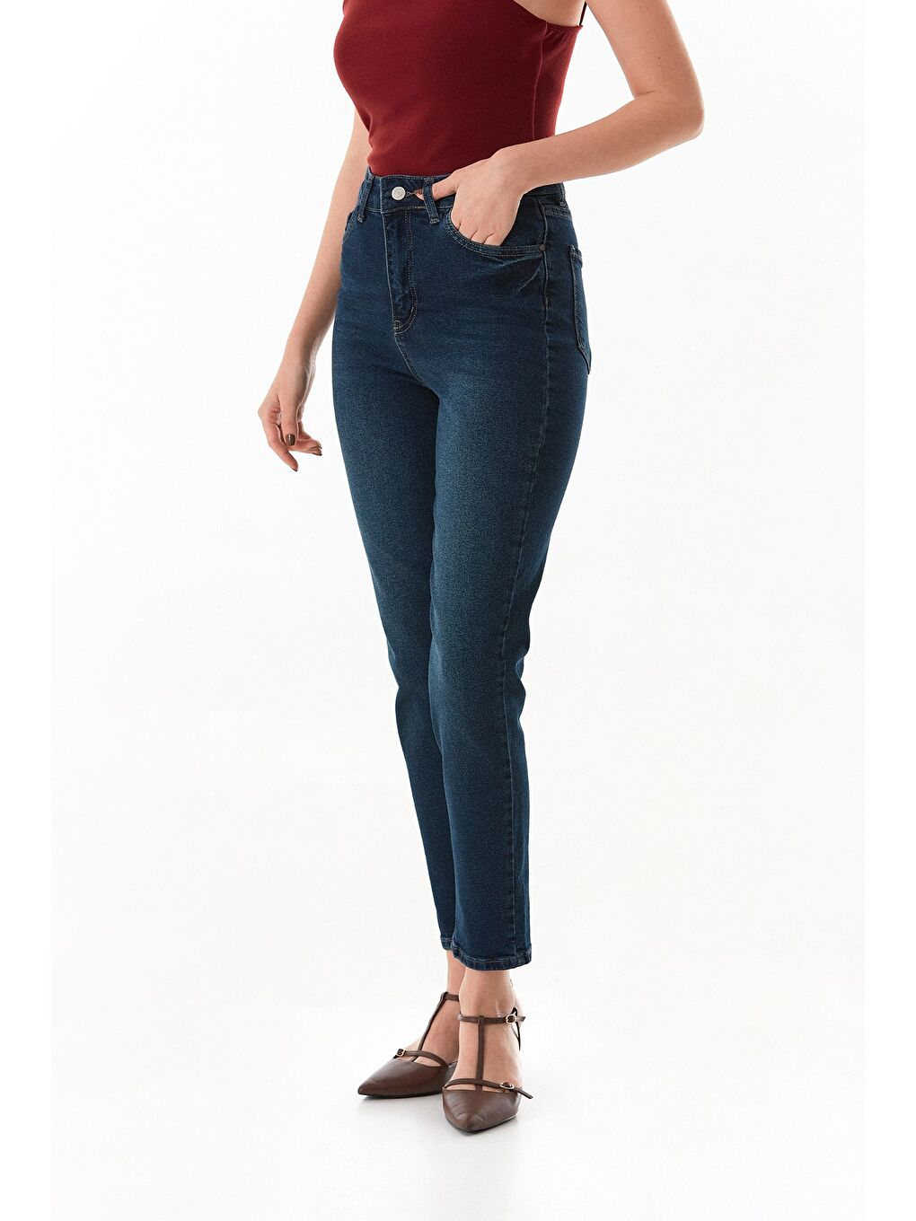 Lacivert Yüksek Bel Mom Jean-2