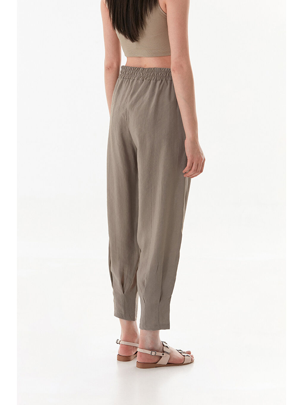 Bej Beli Lastikli Cepli Şalvar Pantolon-3