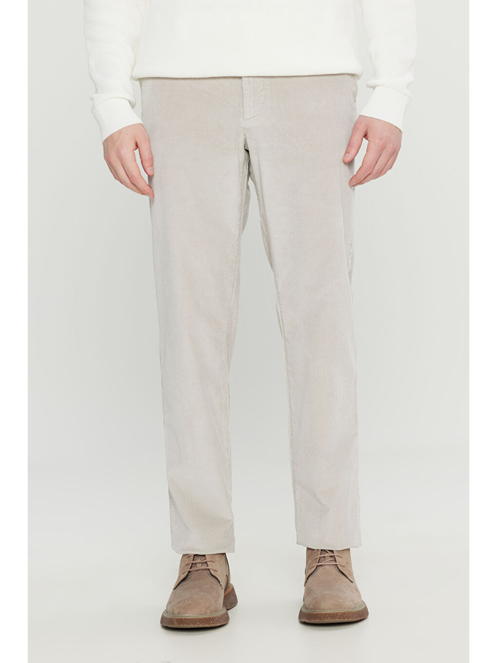 Bej Erkek Taş Pamuklu Kadife Slim Fit Dar Kesim Yan Cepli Desenli Pantolon