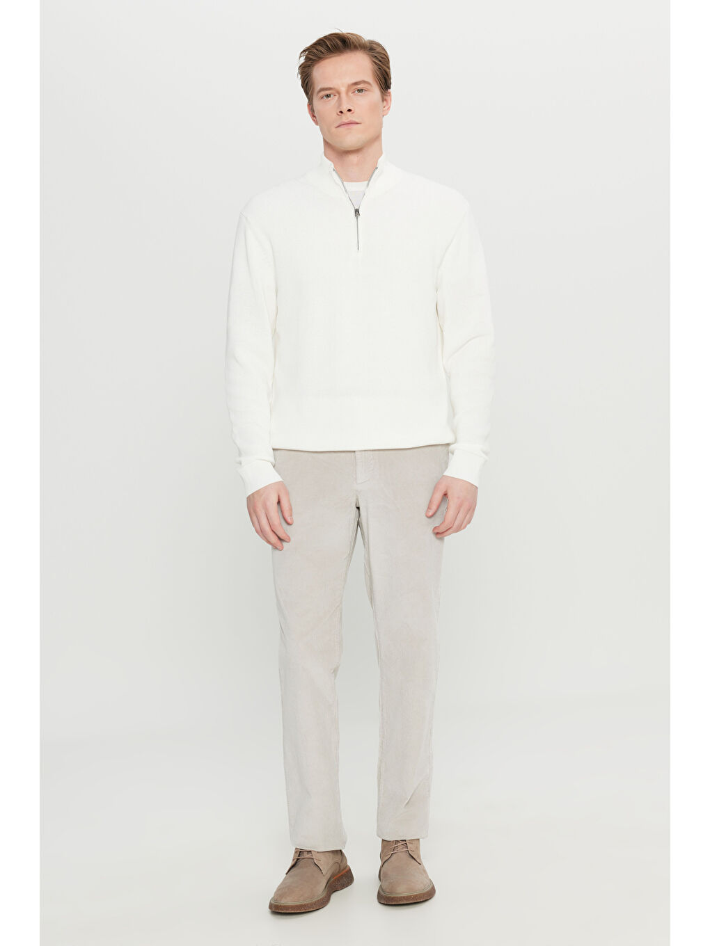 Bej Erkek Taş Pamuklu Kadife Slim Fit Dar Kesim Yan Cepli Desenli Pantolon-2