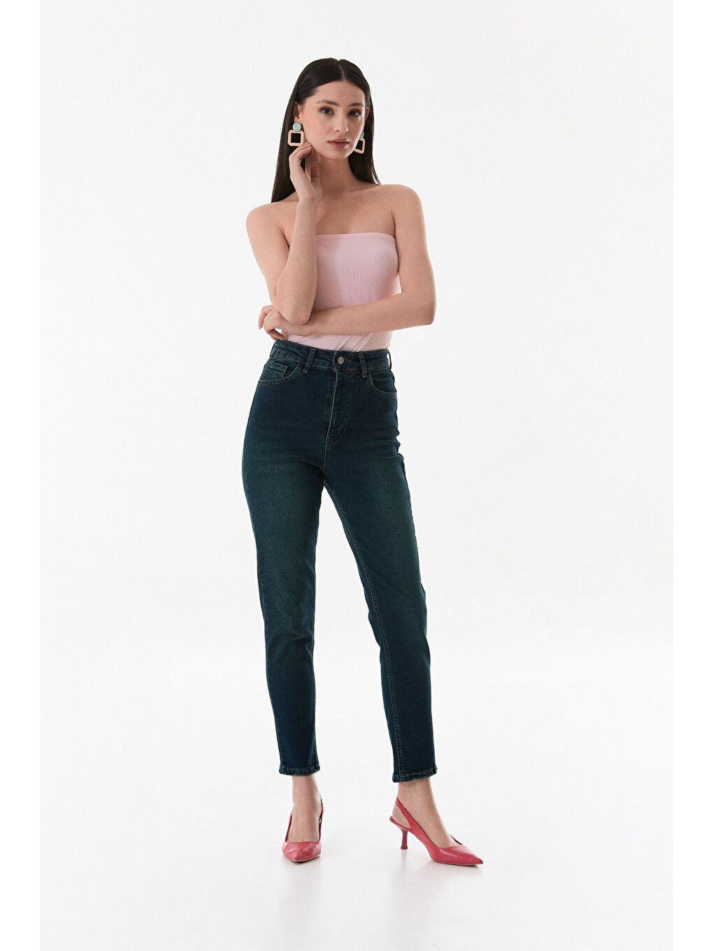 Mavi Fermuarlı Yüksek Bel Straight Jean-3