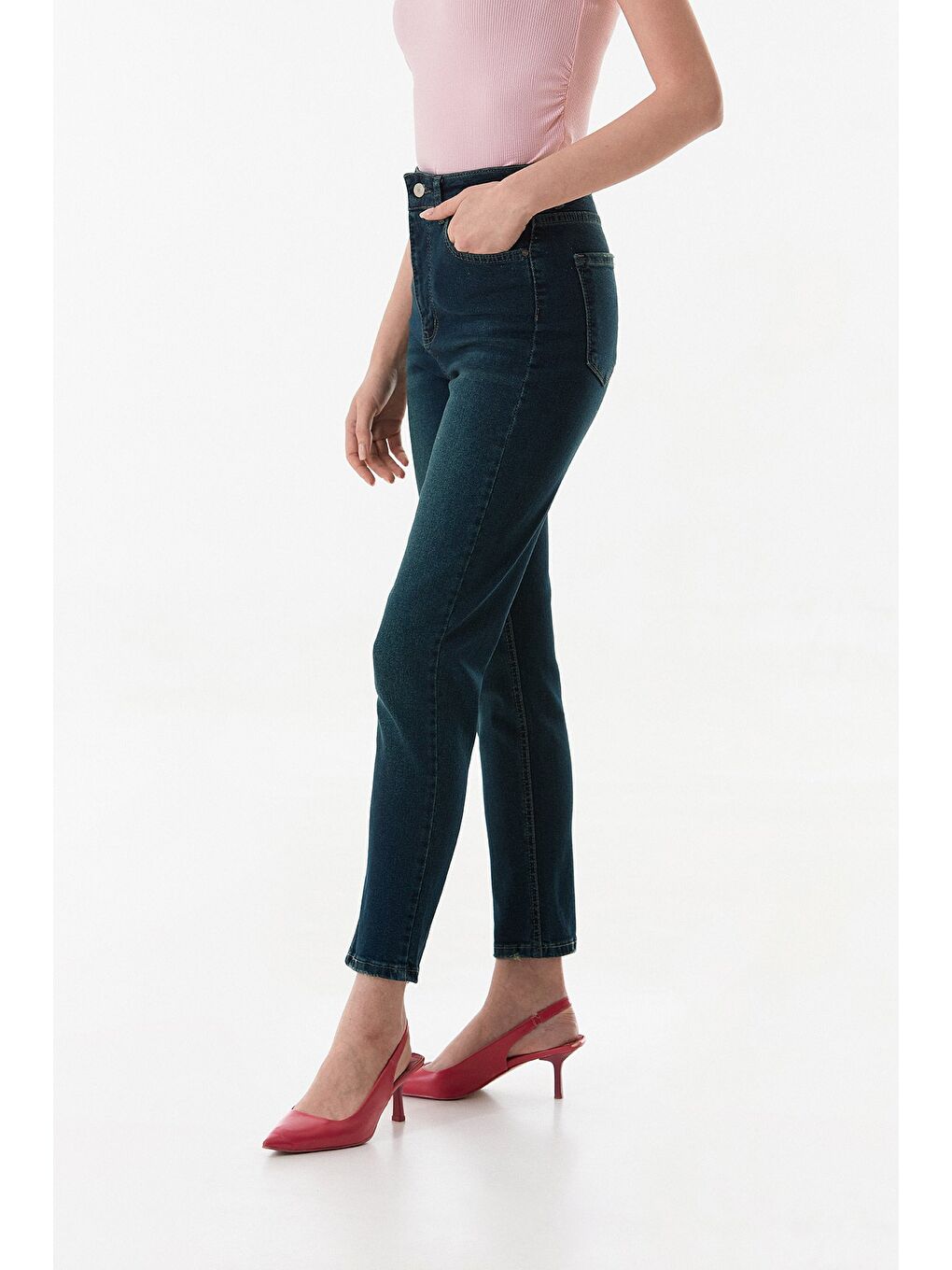 Mavi Fermuarlı Yüksek Bel Straight Jean-4