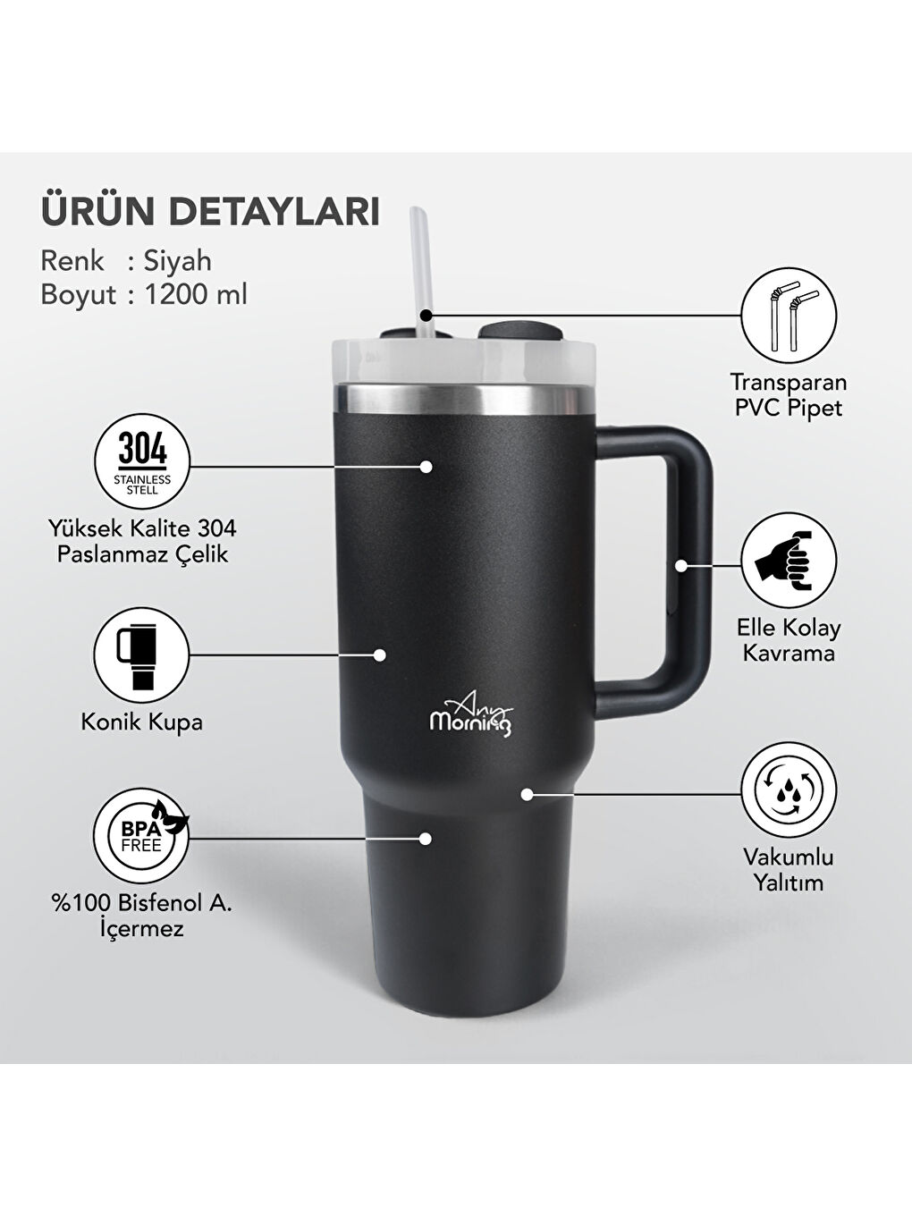Vaha 1200 ml Üç Kademe Çevirmeli Kapaklı Çift Katman Çelik Termos Mug Siyah SI2440217-4