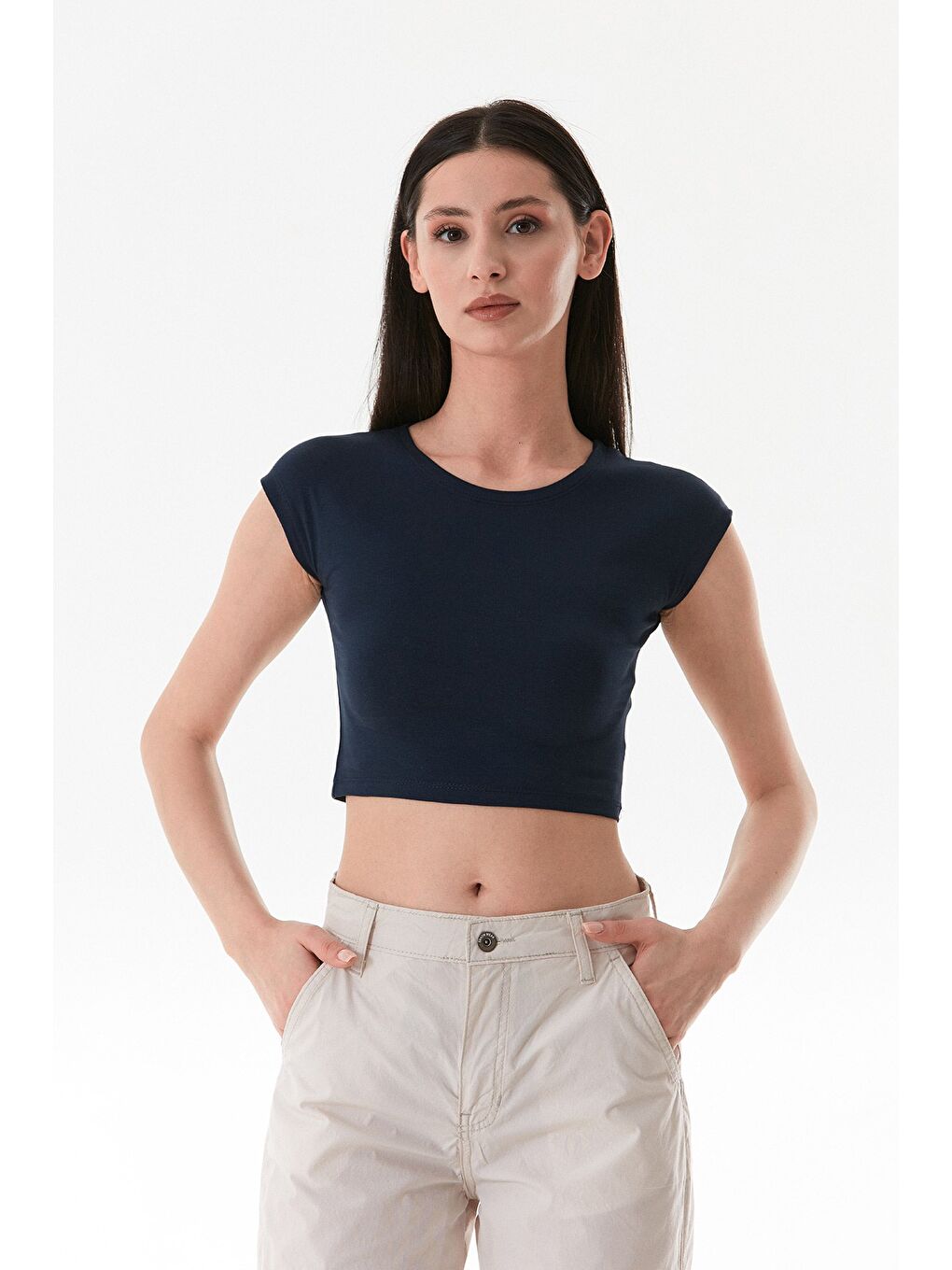Lacivert Basic Bisiklet Yaka Crop Tişört