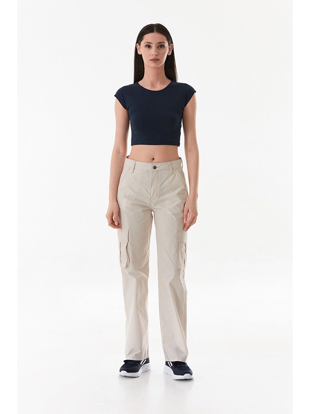 Lacivert Basic Bisiklet Yaka Crop Tişört-1