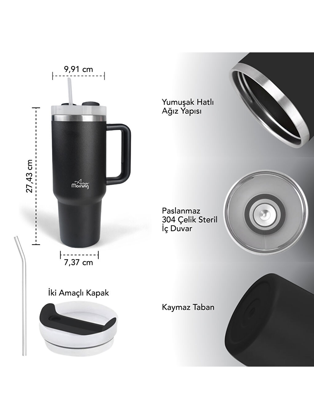 Vaha 1200 ml Üç Kademe Çevirmeli Kapaklı Çift Katman Çelik Termos Mug Siyah SI2440217-5