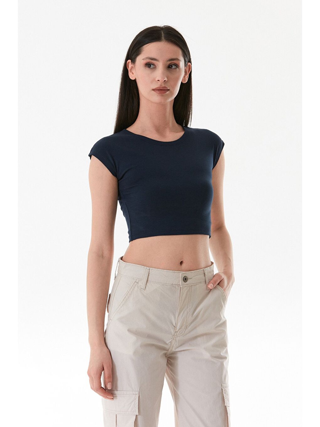 Lacivert Basic Bisiklet Yaka Crop Tişört-2