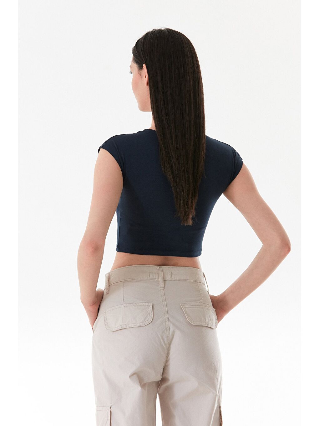 Lacivert Basic Bisiklet Yaka Crop Tişört-4