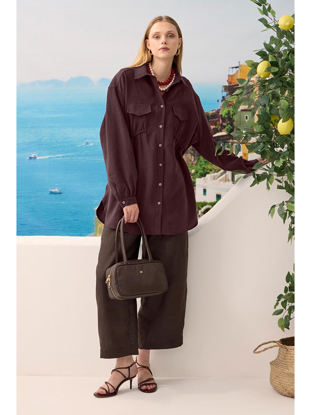 Verev Büzgü Detaylı Gömlek Bordo