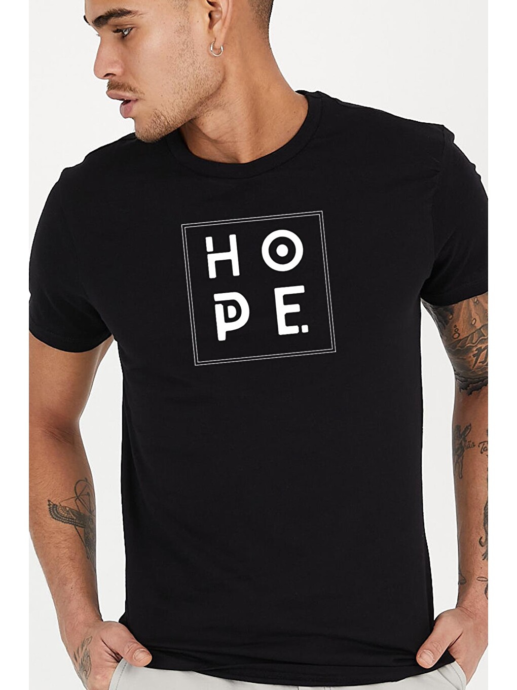 Siyah Hope Slogan Baskılı Bisiklet Yaka Erkek Tişört