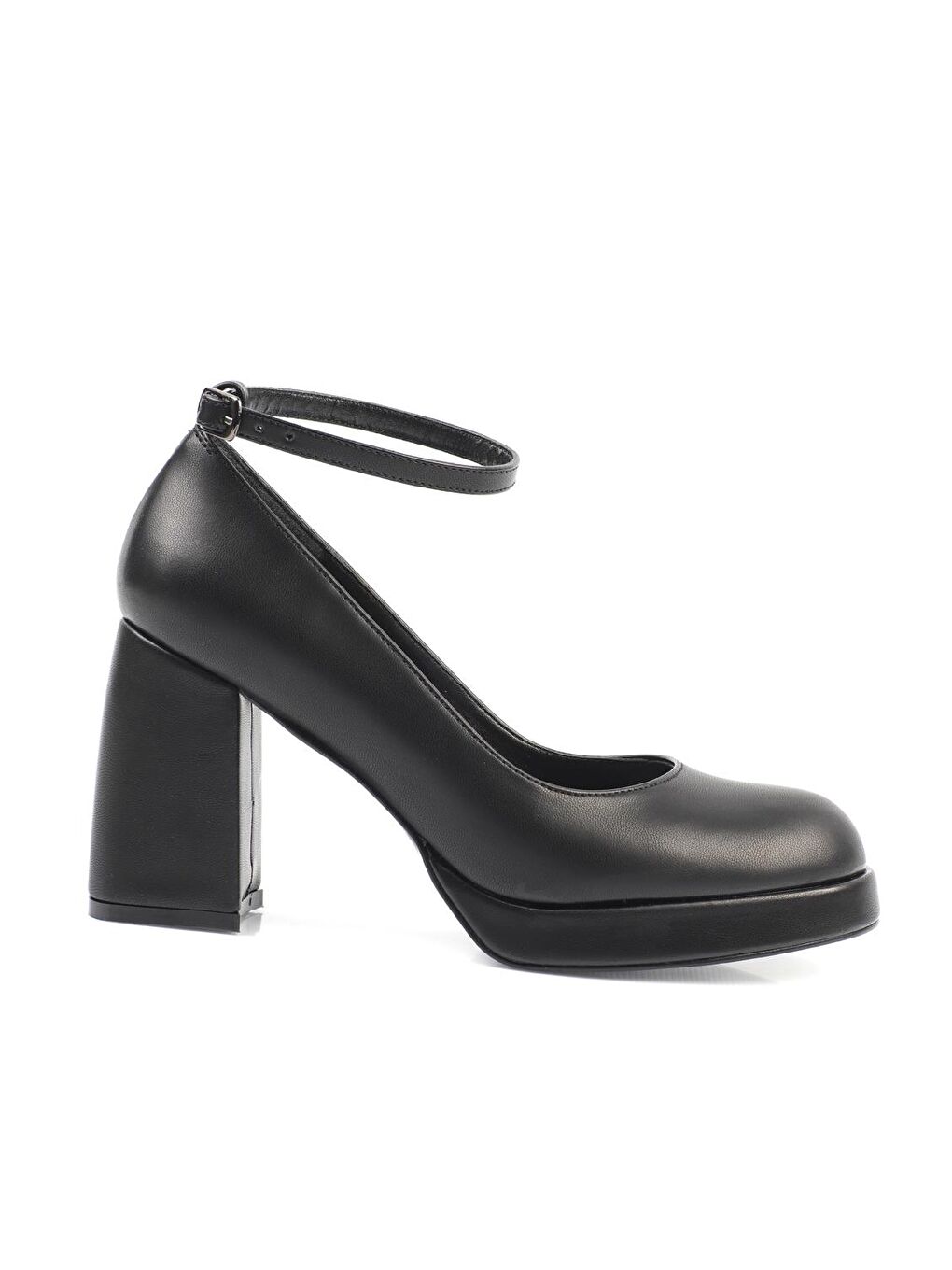 Siyah Yuvarlak Burunlu Bilekten Bantlı Platform Kadın  Topuklu Ayakkabı-1