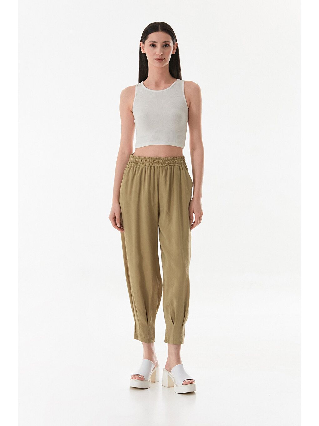 Haki Beli Lastikli Cepli Şalvar Pantolon