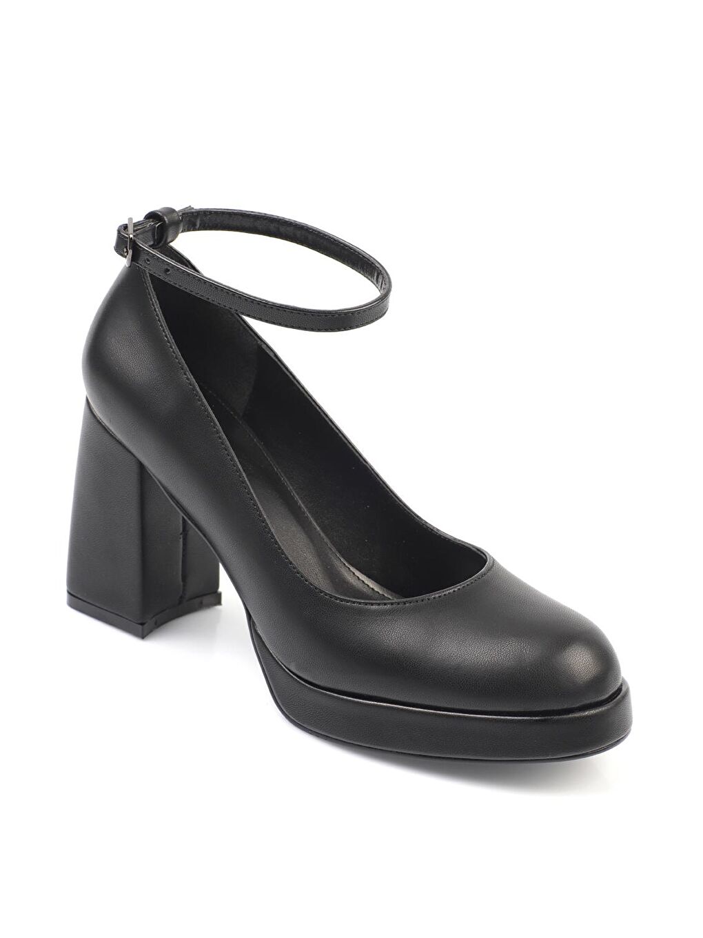 Siyah Yuvarlak Burunlu Bilekten Bantlı Platform Kadın  Topuklu Ayakkabı-2