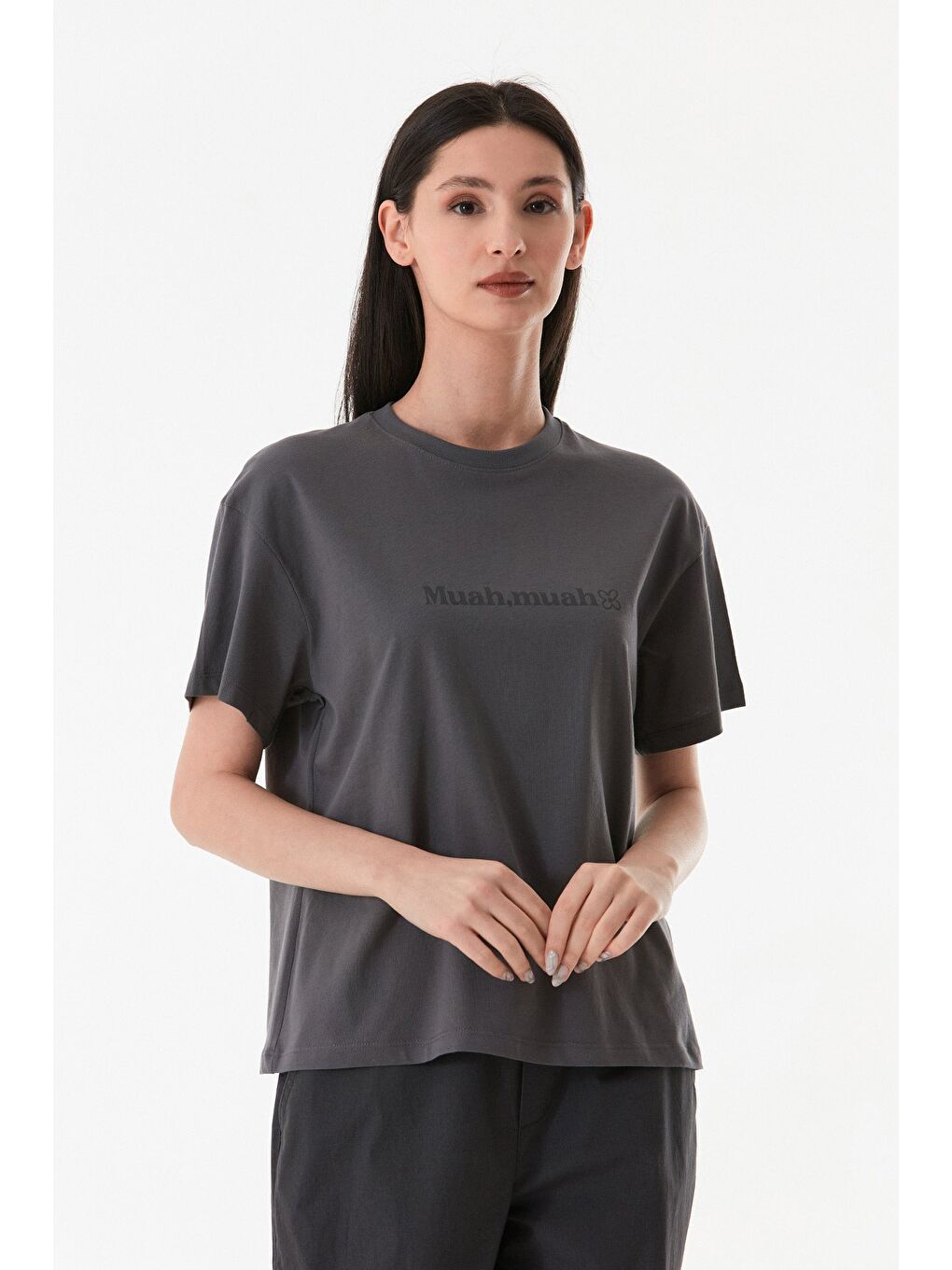 Antrasit Yazı Baskılı Bisiklet Yaka Tişört