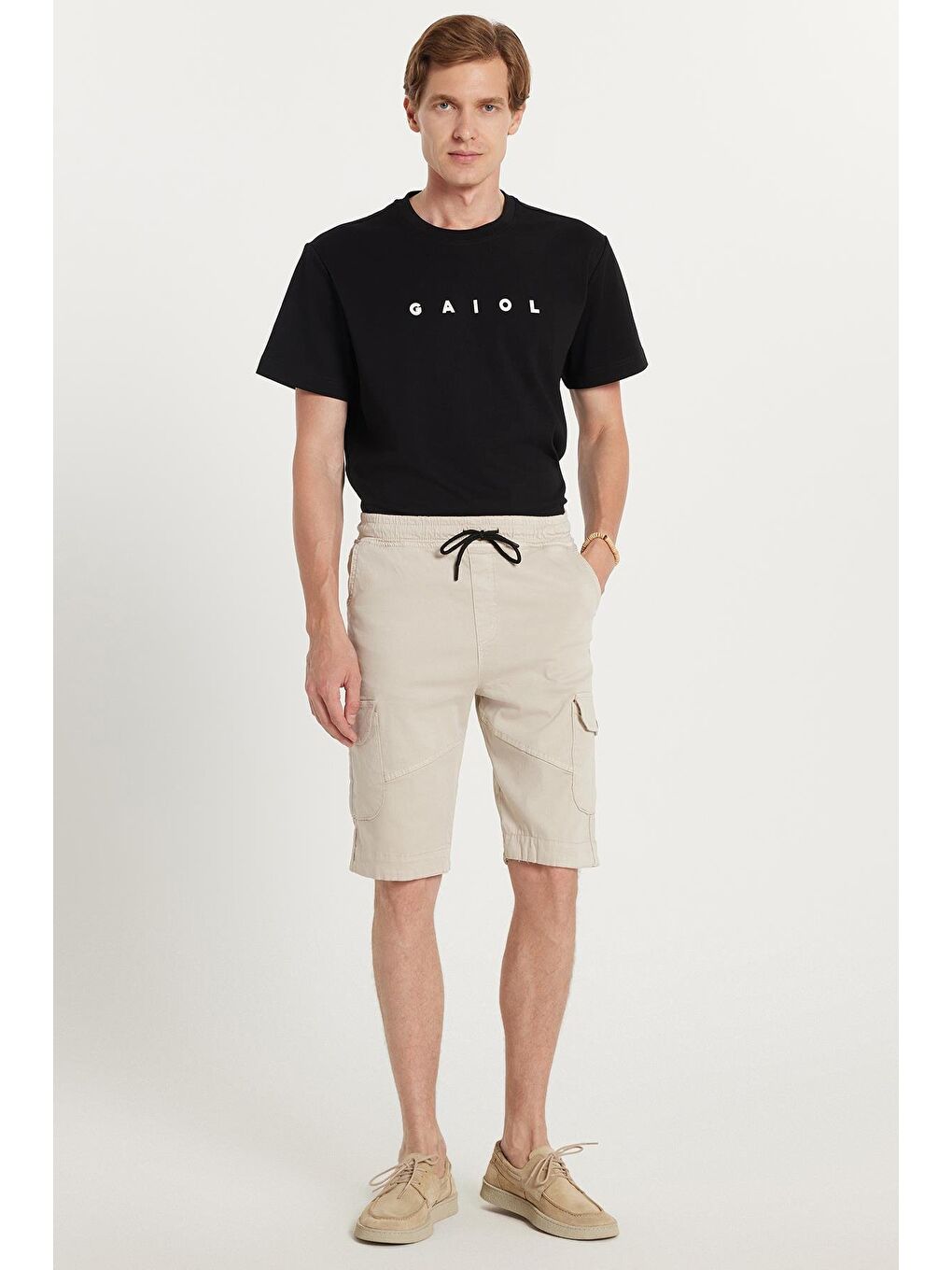 Bej Erkek Relax Fit Rahat Kesim %100 Pamuk Kargo Cep Taş Renk Kapri Şort-2