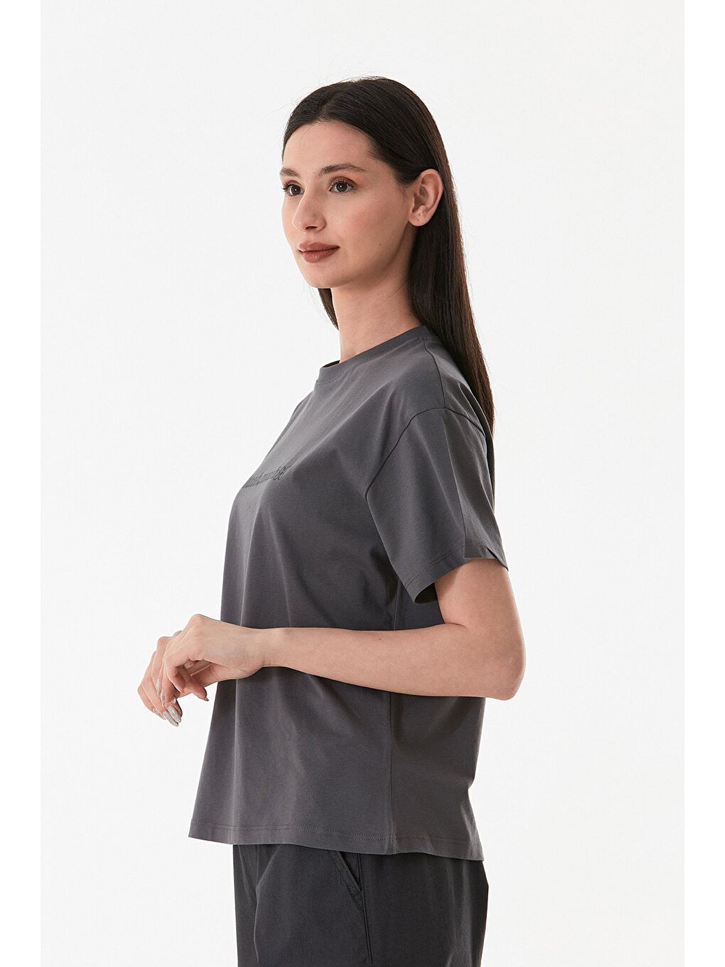 Antrasit Yazı Baskılı Bisiklet Yaka Tişört-2