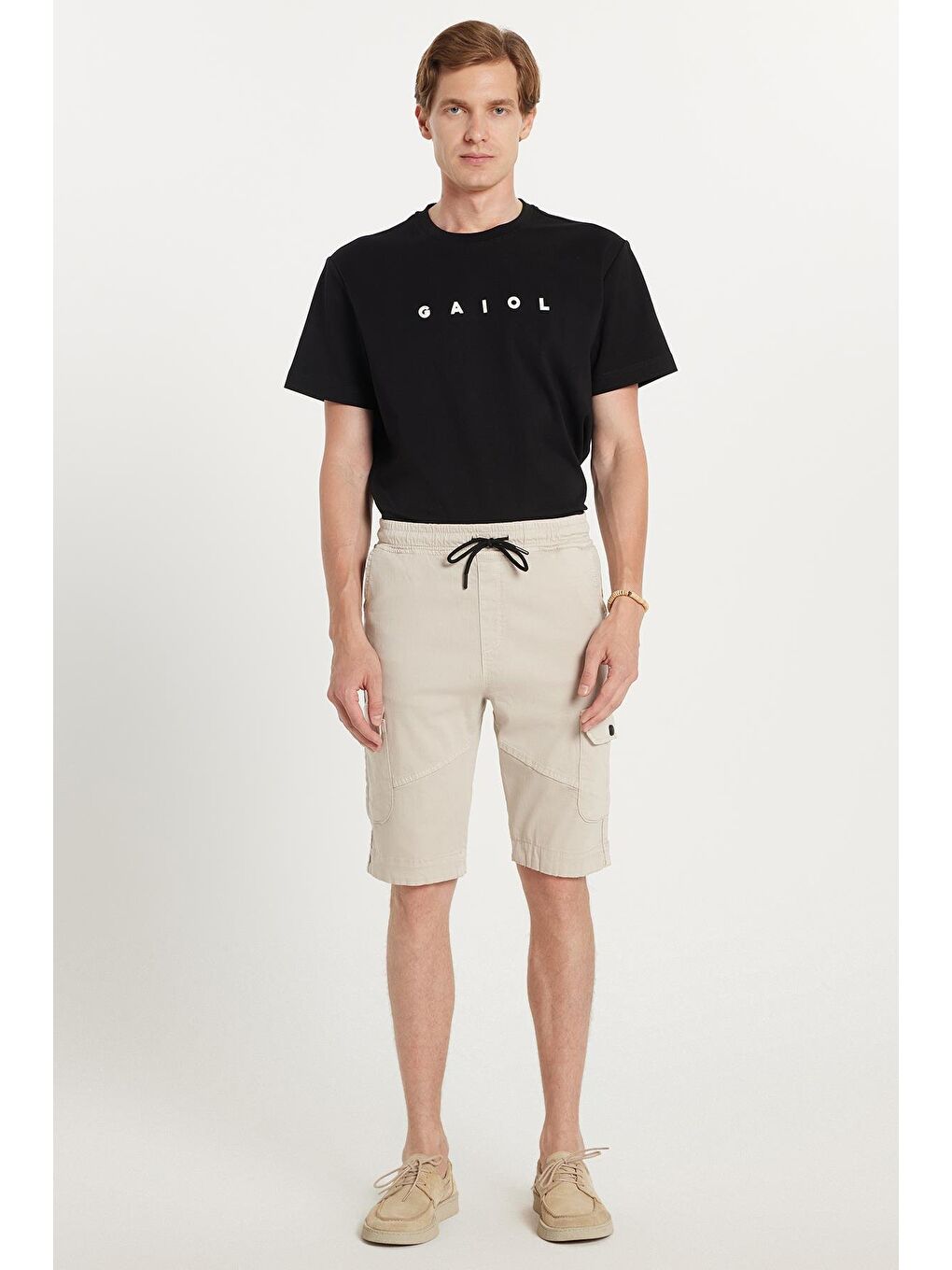 Bej Erkek Relax Fit Rahat Kesim %100 Pamuk Kargo Cep Taş Renk Kapri Şort-3