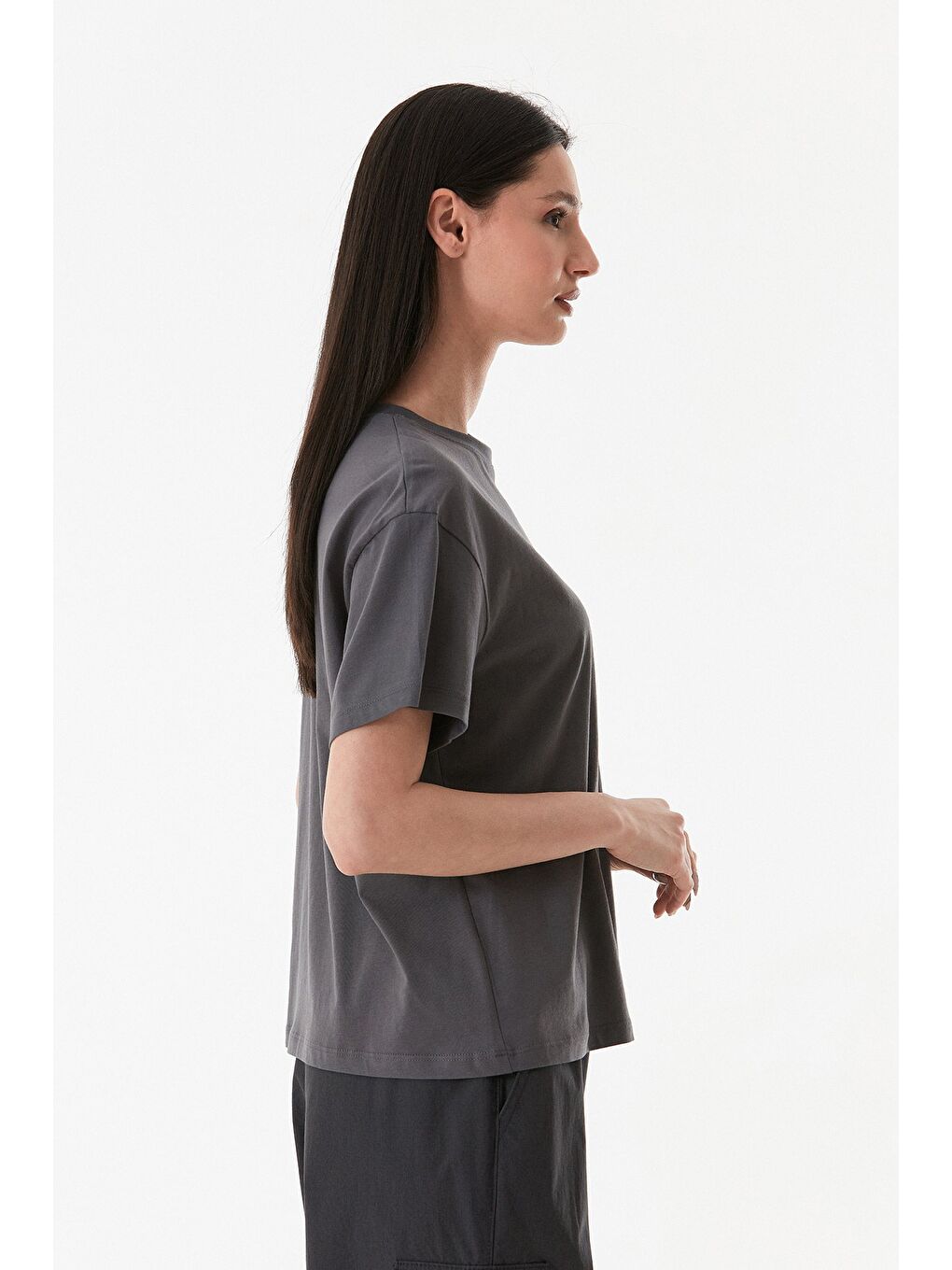 Antrasit Yazı Baskılı Bisiklet Yaka Tişört-4