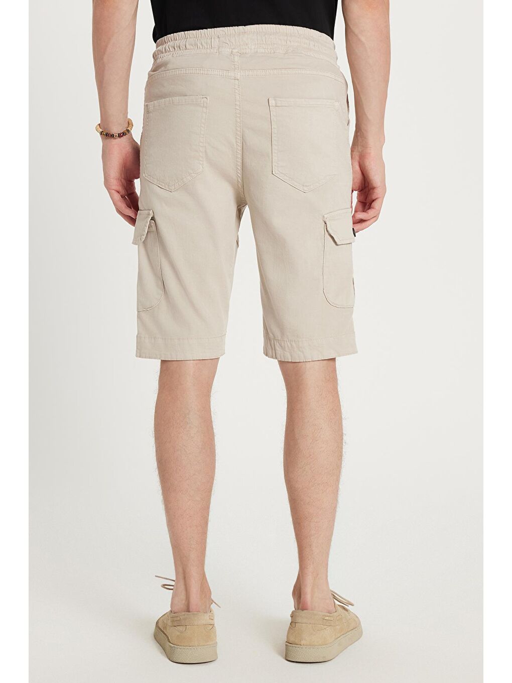 Bej Erkek Relax Fit Rahat Kesim %100 Pamuk Kargo Cep Taş Renk Kapri Şort-4