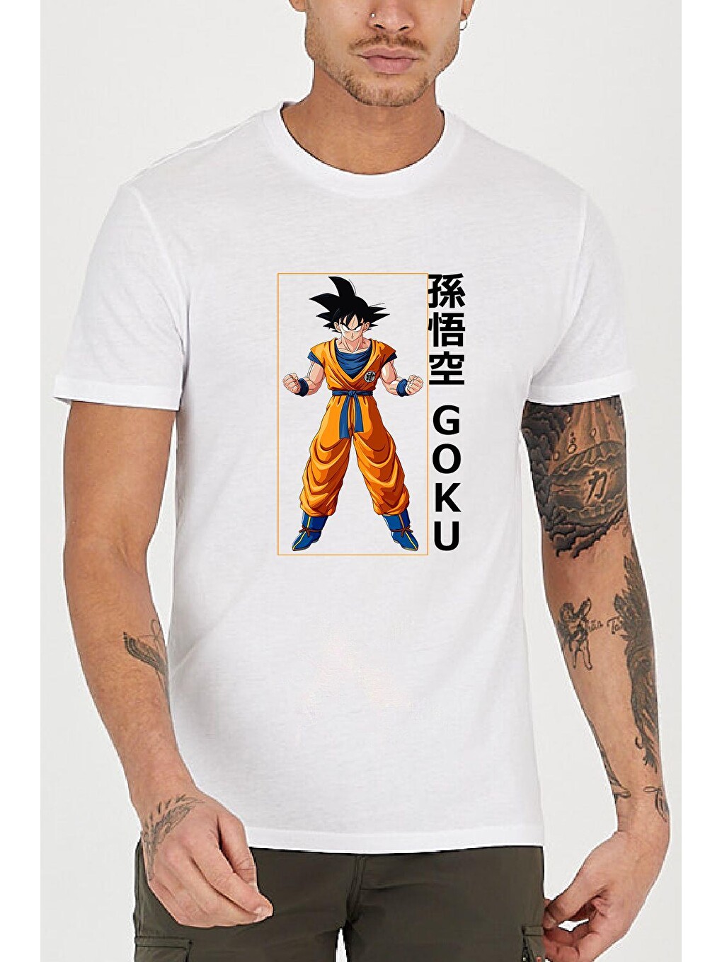 Beyaz Son Goku Anime Baskılı Bisiklet Yaka Erkek Tişört
