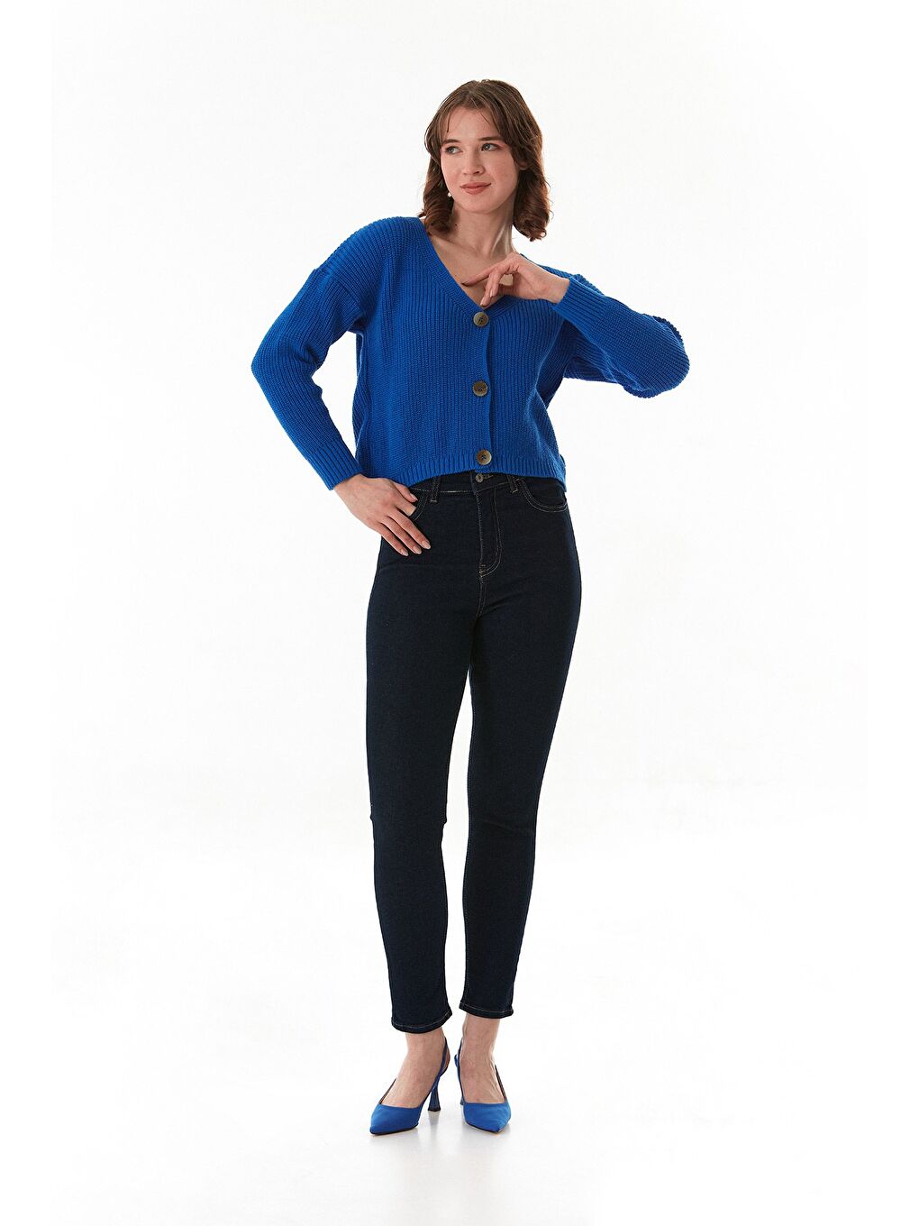 Mavi Düğmeli V Yaka Triko Hırka-1