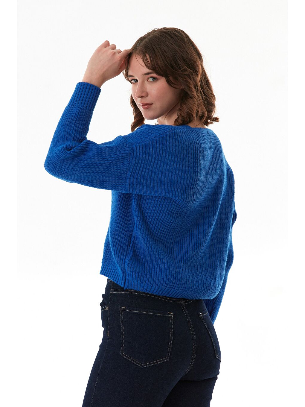 Mavi Düğmeli V Yaka Triko Hırka-2