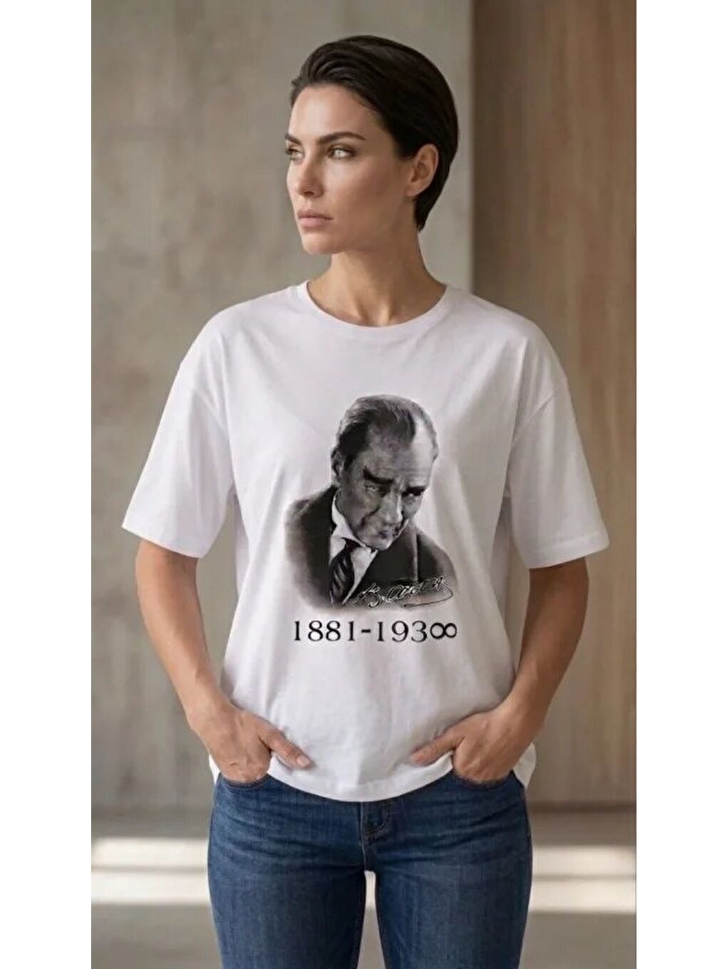 Atatürk Baskılı Tişört Kısa Kollu Bisiklet Yaka T-Shirt - Beyaz
