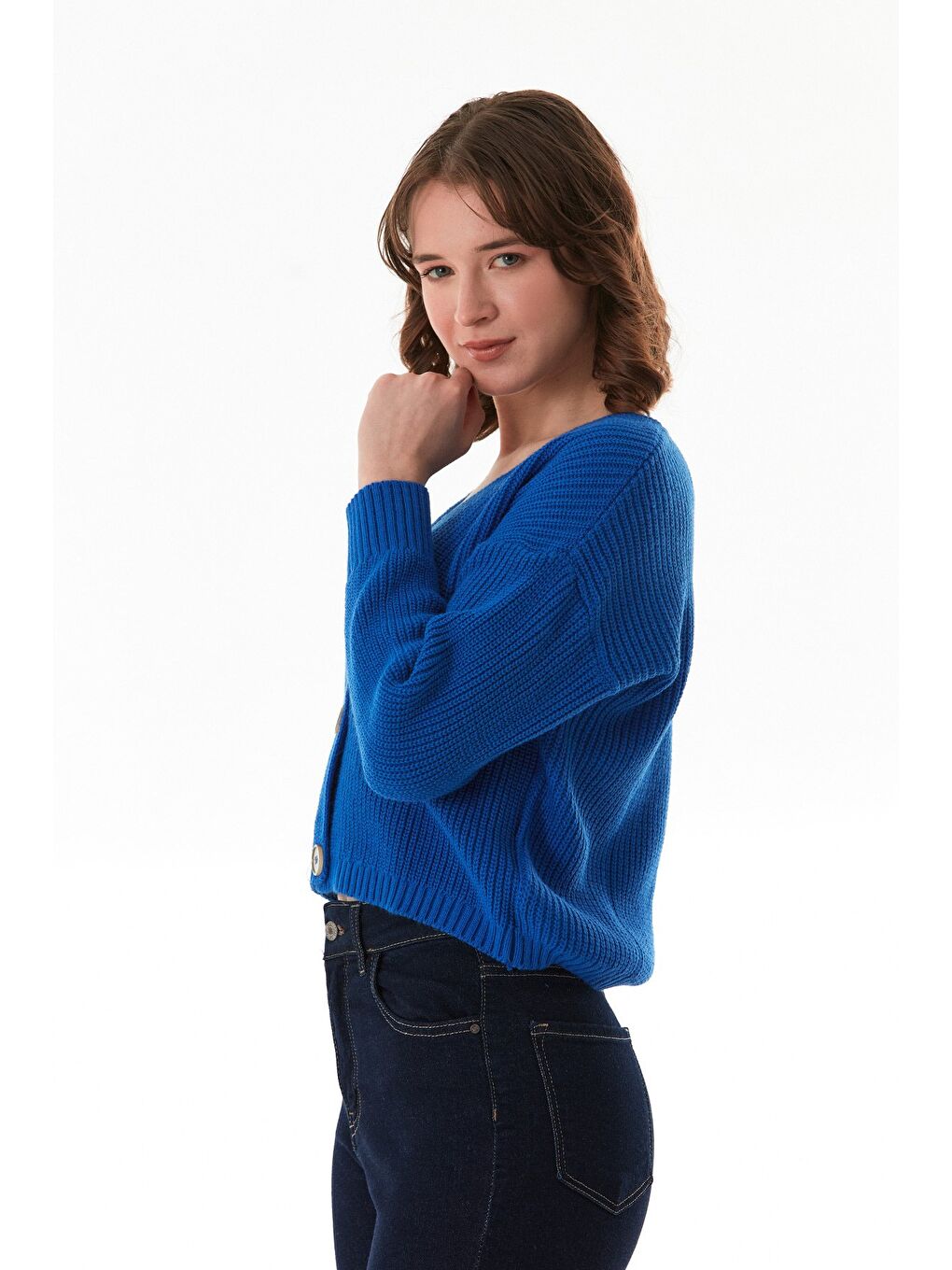 Mavi Düğmeli V Yaka Triko Hırka-4