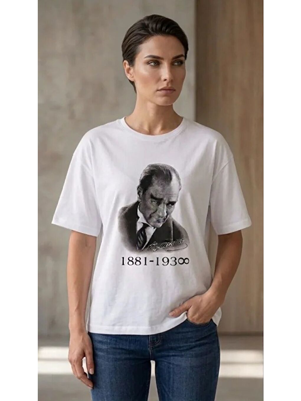Atatürk Baskılı Tişört Kısa Kollu Bisiklet Yaka T-Shirt - Beyaz-1