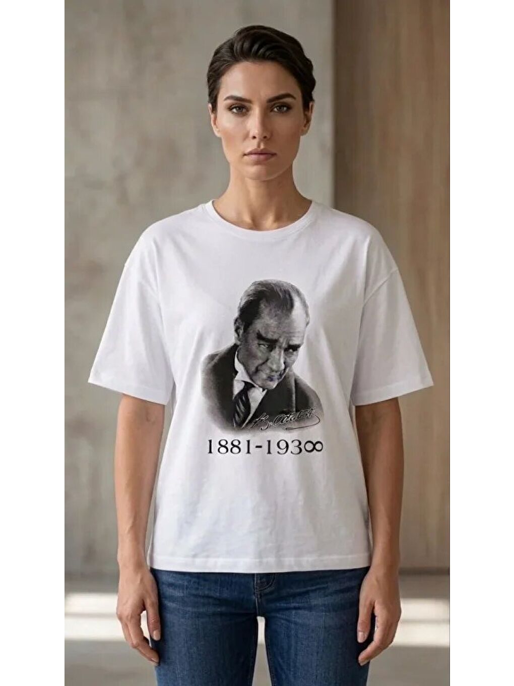 Atatürk Baskılı Tişört Kısa Kollu Bisiklet Yaka T-Shirt - Beyaz-2