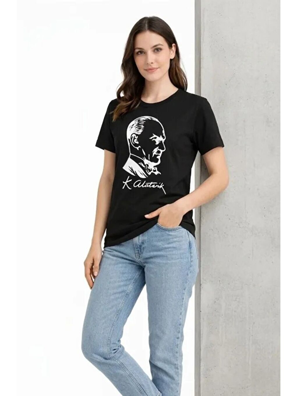 Atatürk Baskılı Tişört Kısa Kollu Bisiklet Yaka T-Shirt - Siyah-1