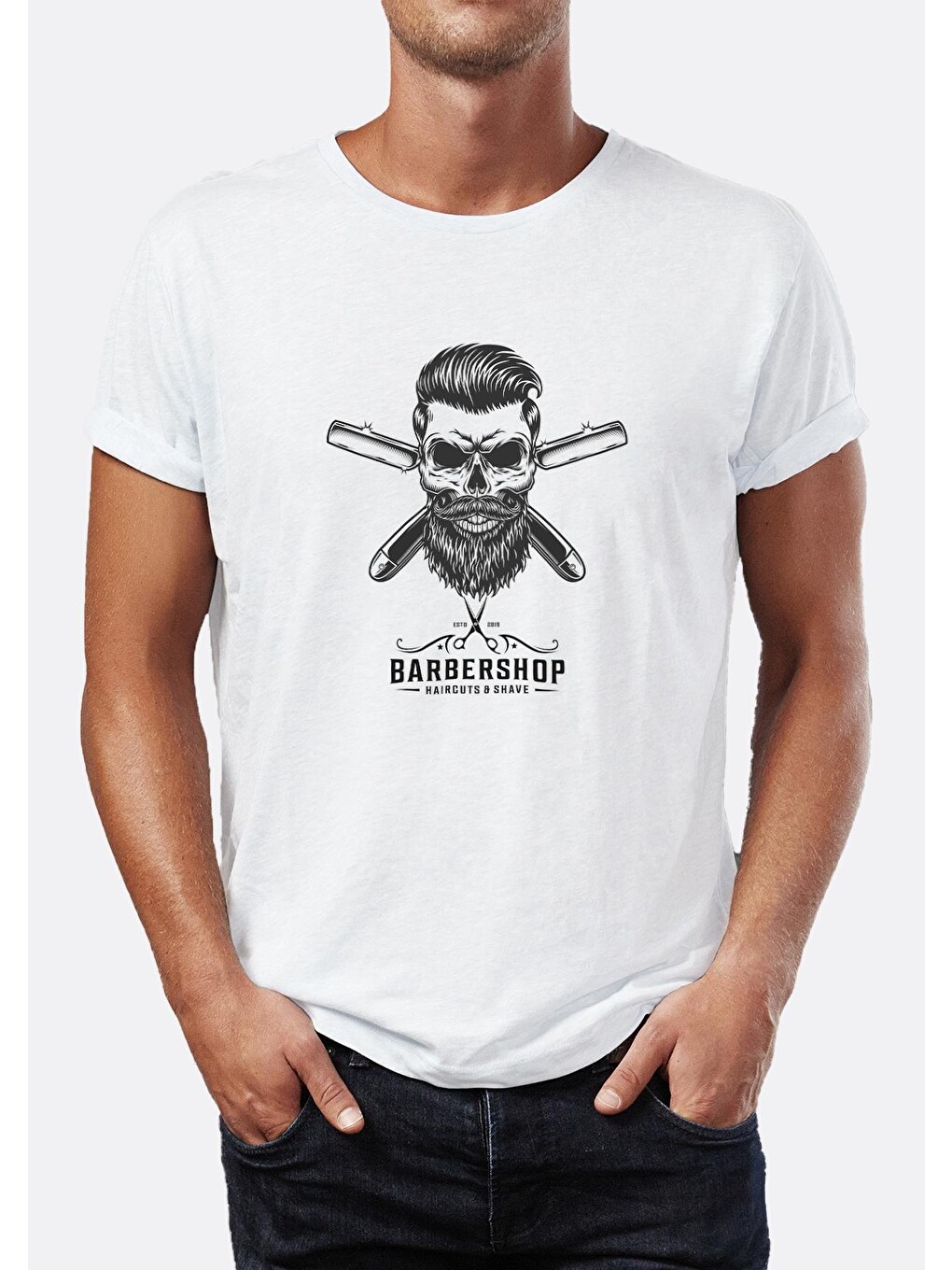 Beyaz Barber Shop Berber Grafik Baskılı Bisiklet Yaka Erkek Tişört