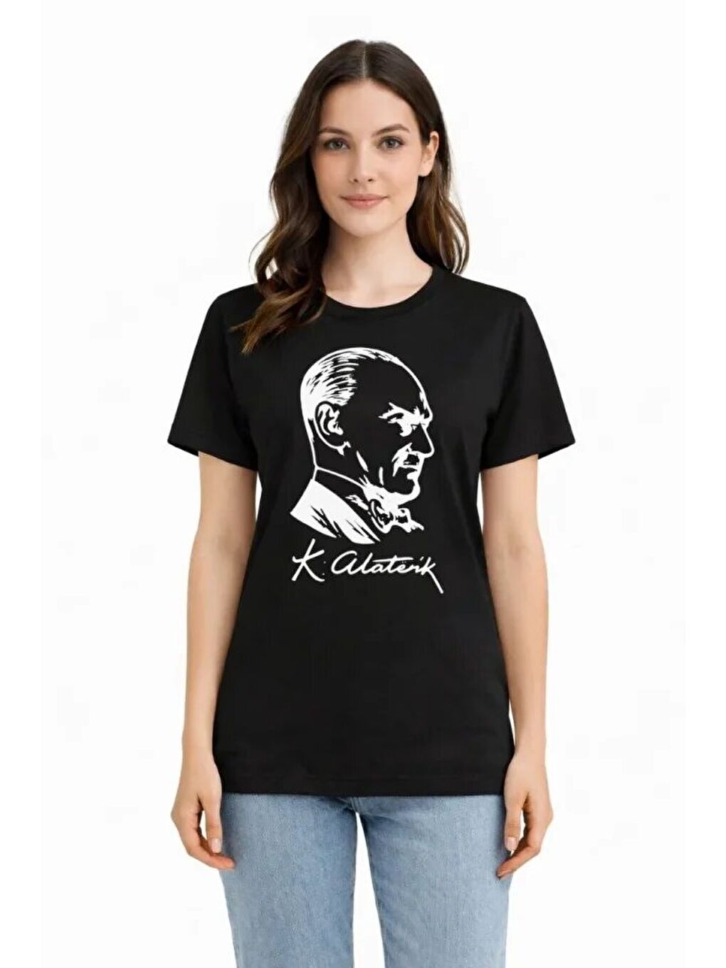 Atatürk Baskılı Tişört Kısa Kollu Bisiklet Yaka T-Shirt - Siyah-2