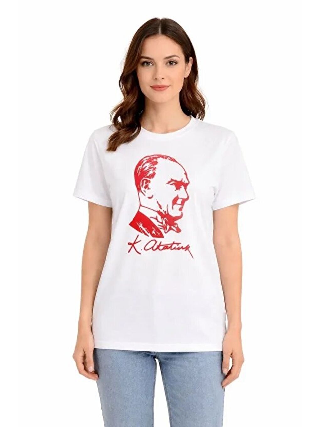 Atatürk Baskılı Tişört Kısa Kollu Bisiklet Yaka T-Shirt - Beyaz