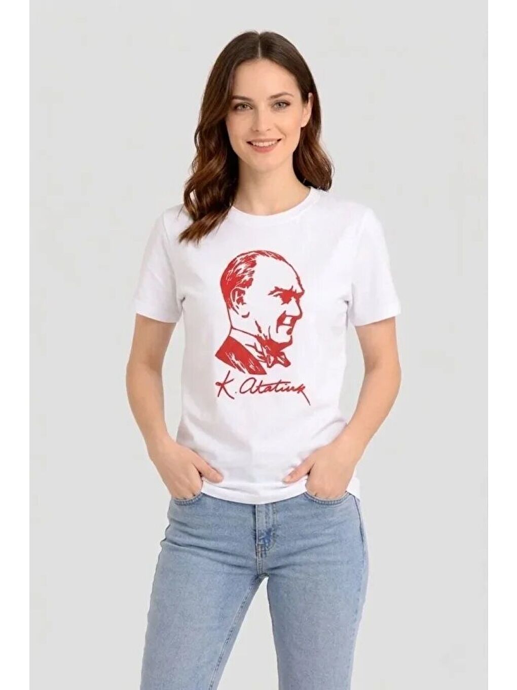 Atatürk Baskılı Tişört Kısa Kollu Bisiklet Yaka T-Shirt - Beyaz-1