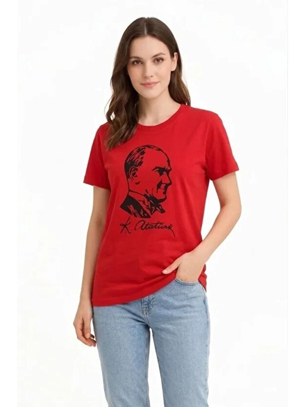 Atatürk Baskılı Tişört Kısa Kollu Bisiklet Yaka T-Shirt - Kırmızı